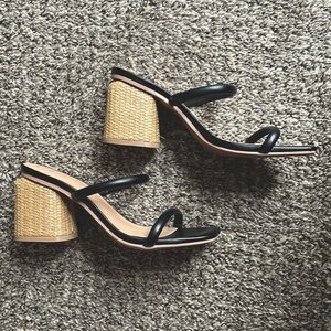 Black Strap Heels Wicker Wedge
